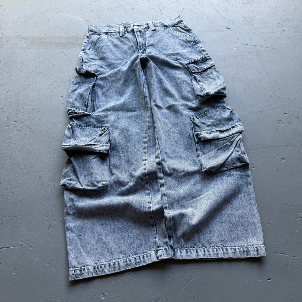 Vintage Acid Wash Denim Cargo Jeans Size 9 Wide Leg Baggy
